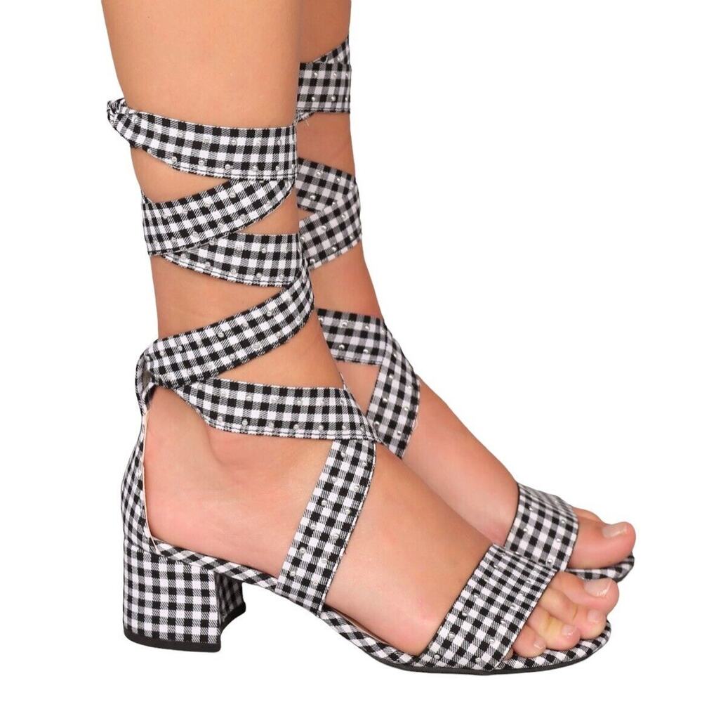 Piper Tie Sandal Womens Black White Lola Gingham Check Chunky Heel Wrap Size 7.5